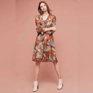 Hemant & Nandita Zeri Dress Size 4 Floral Boho Peasant Rust Orange Anthropologie